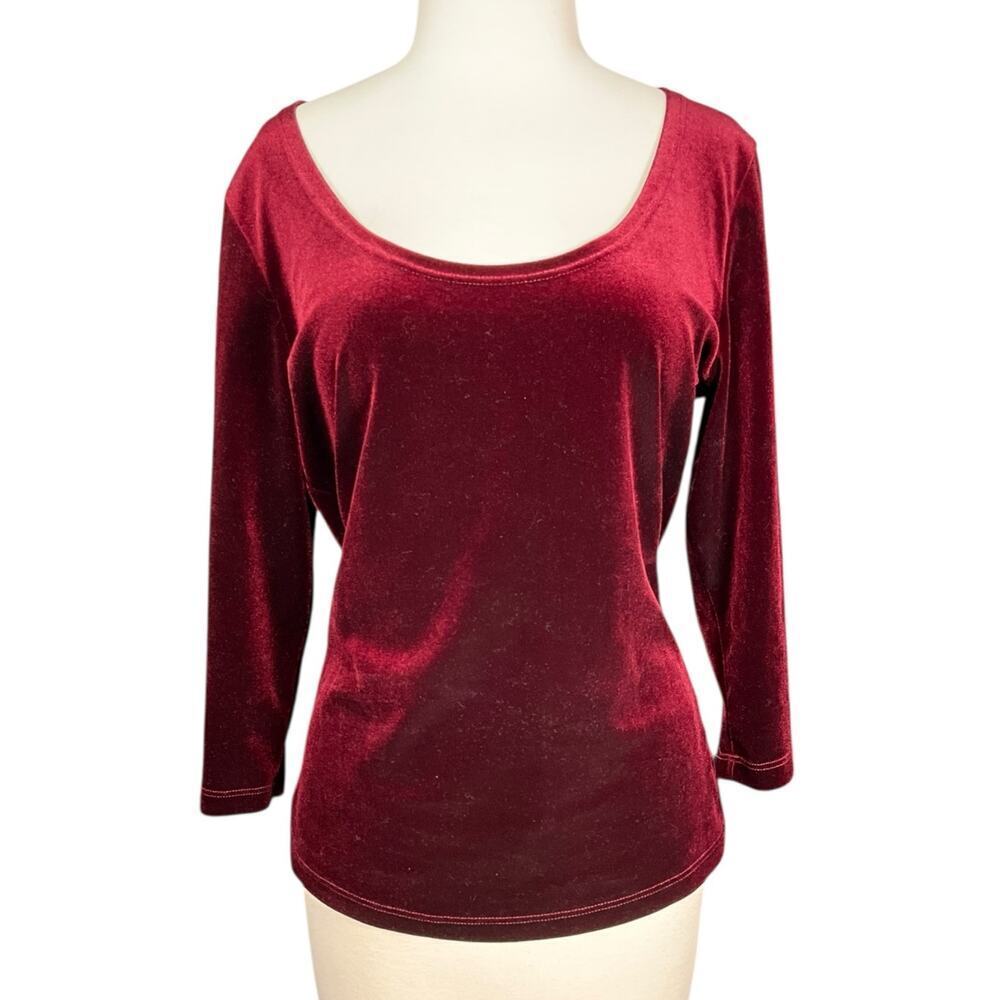 Boston Proper Velvet Top Medium Burgundy Scoop Neck 3/4 Sleeve Stretch Blouse